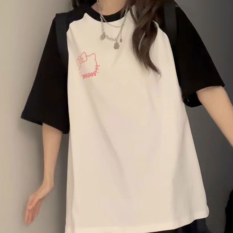 Áo Thun Raglan Tay Ngắn In Hình Mèo Hello Kitty Phối Màu Tương Phản Phong Cách Nhật Bản Dễ Thương
