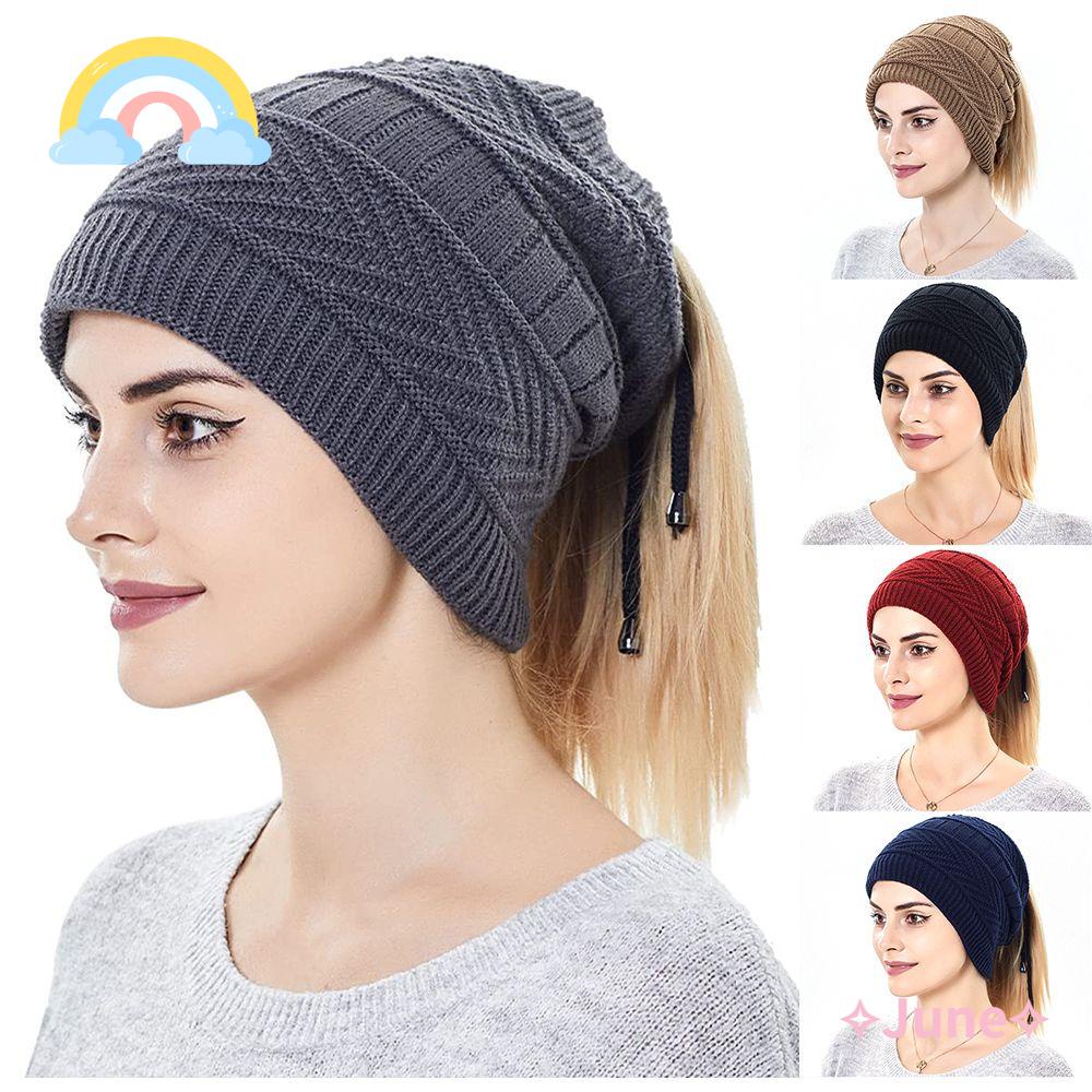 Mũ Beanie Vải Lông Cừu Lót Lông Cừu Mềm Giữ Ấm Cổ Đuôi Ngựa Có Lỗ Buộc Tóc Đuôi Ngự