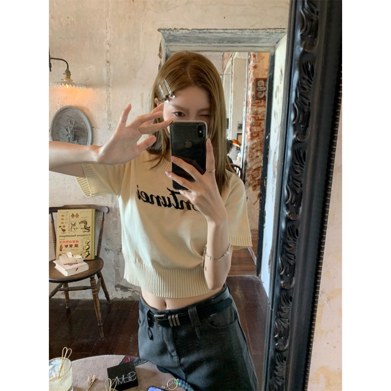 Áo Thun Dệt Kim Tay Ngắn Cổ Tròn Dáng Rộng In Họa Tiết Thời Trang Mùa Hè Phong Cách Hàn Quốc