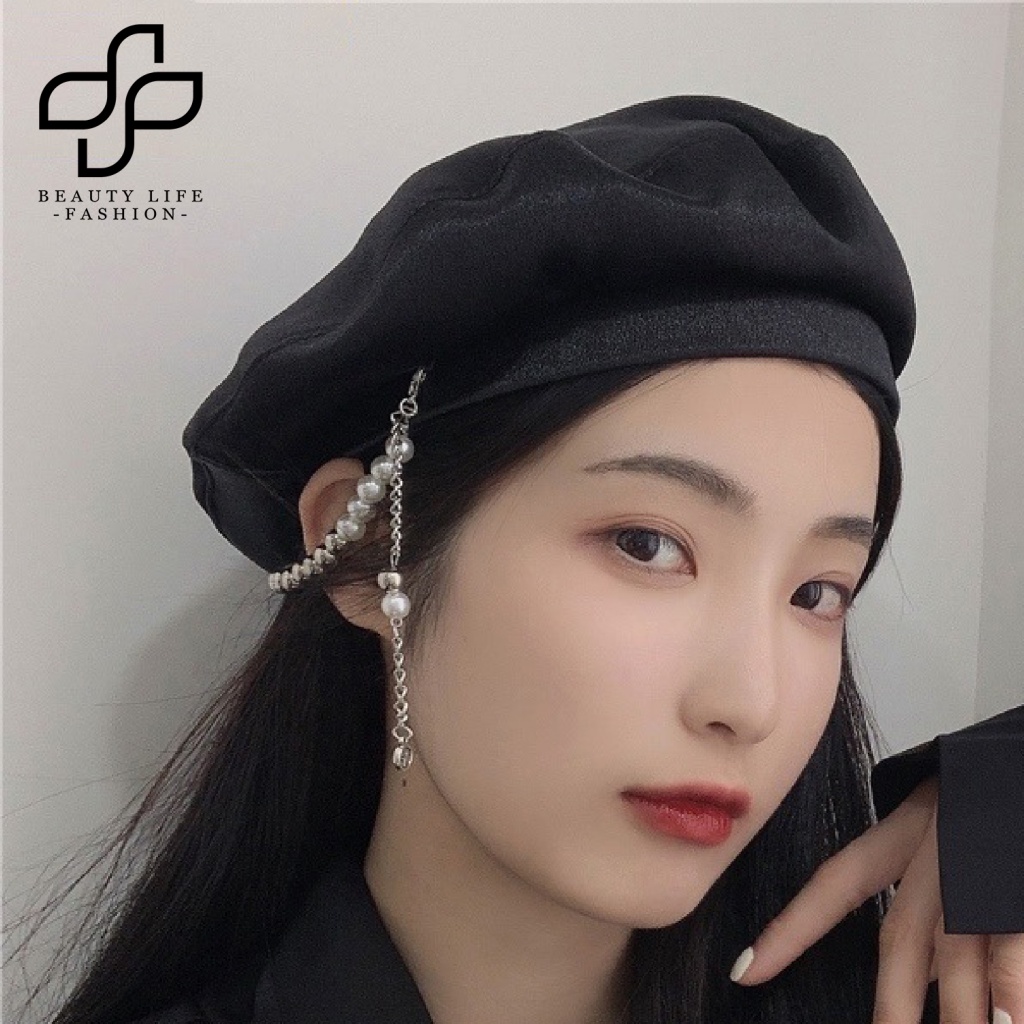 Nón Beret Không Vành Đính Ngọc Trai Giả Màu Trơn Thời Trang Cho Nữ