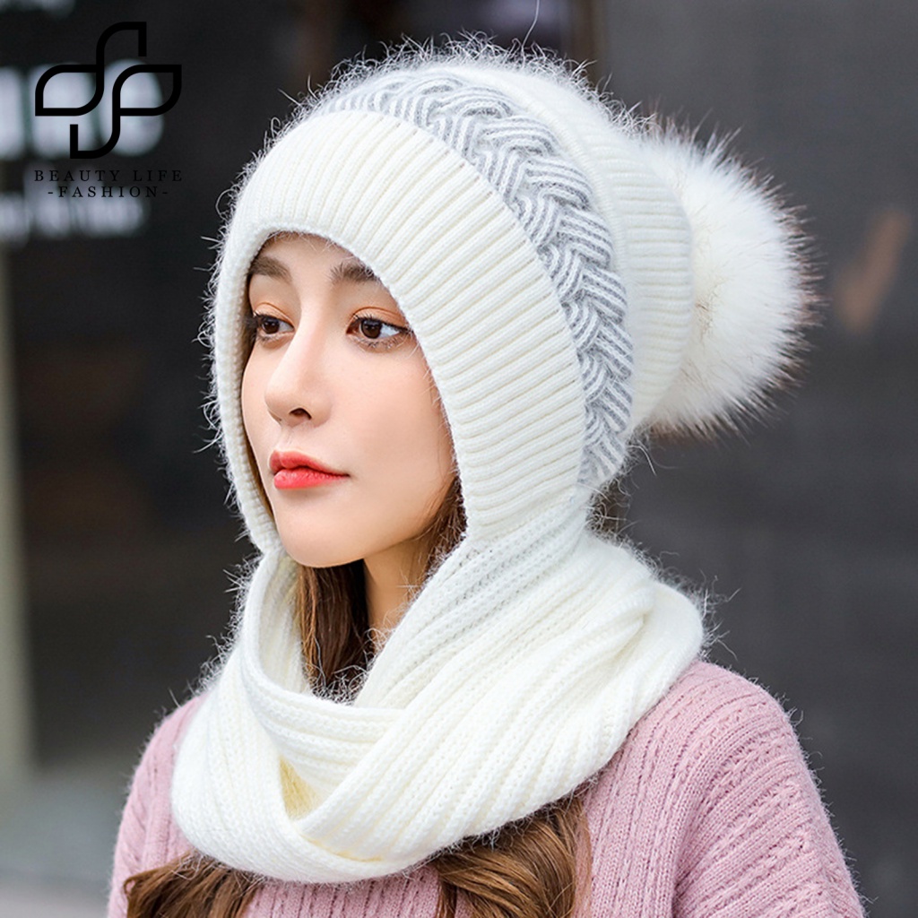 Mũ Beanie Kèm Khăn Choàng Lông Cừu Màu Sắc Tương Phản Thời Trang Thu Đông Dành Cho Nữ