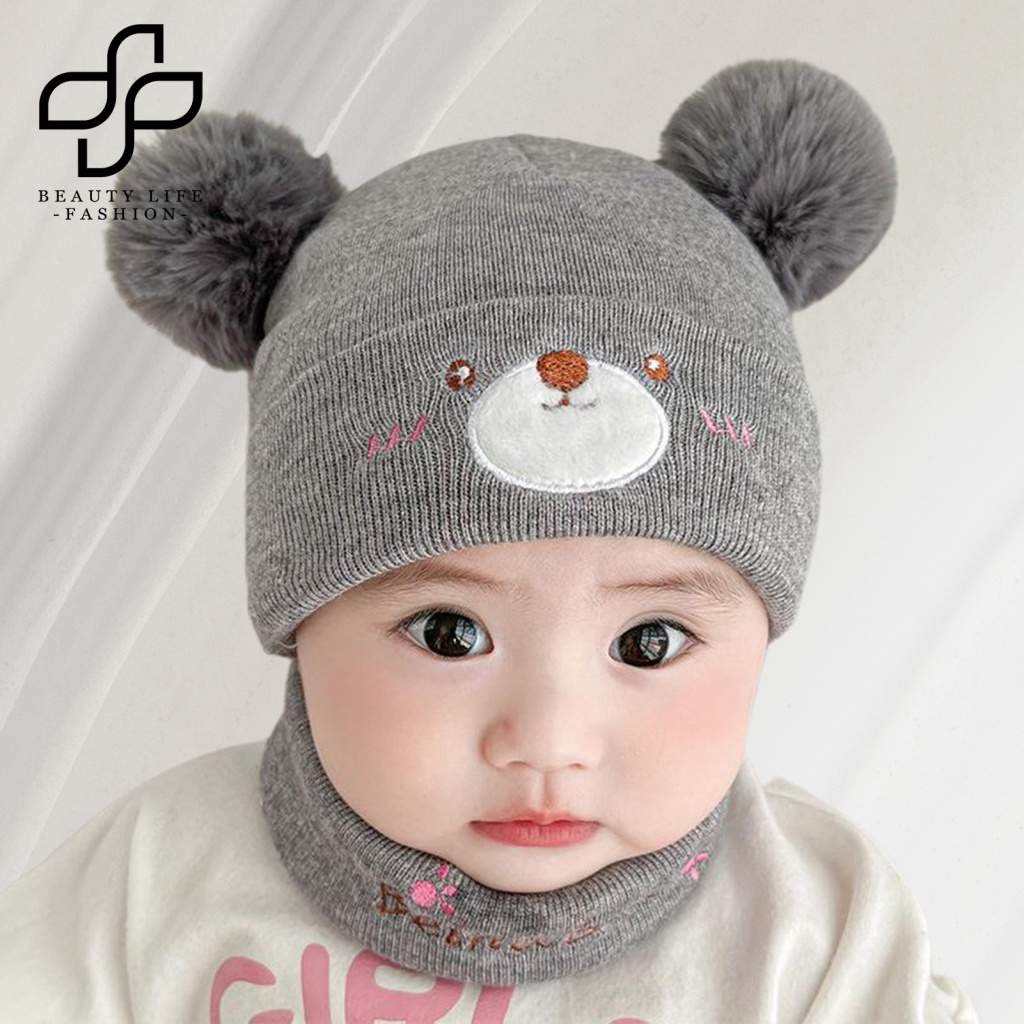 1 Bộ Mũ Beanie Và Khăn Choàng Cổ Dệt Kim Thêu Hình Gấu Bông Giữ Ấm Siêu Mềm Co Giãn Handmade Dành Cho Bé Trai Và Bé Gái