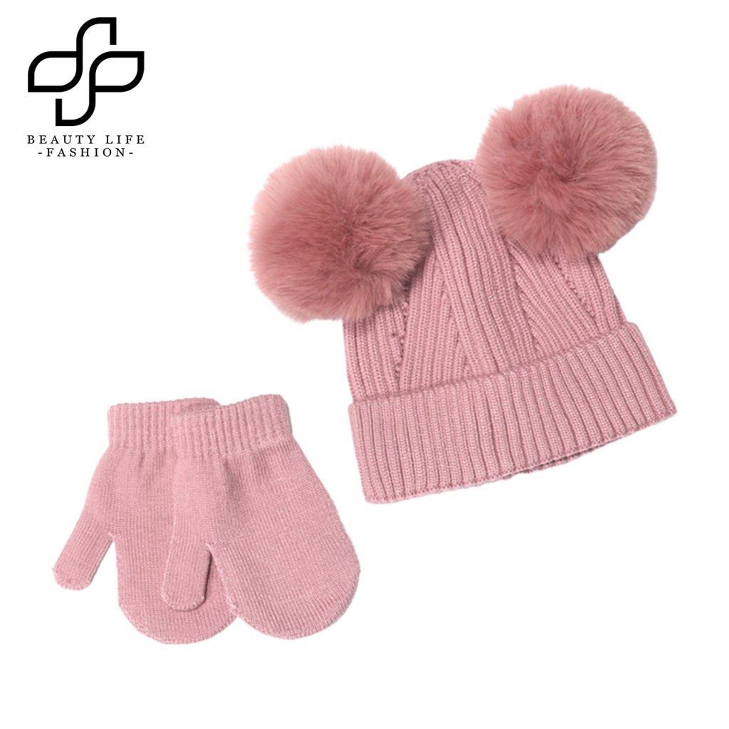 Bộ 2 Găng Tay / Mũ / Găng Tay Bóng Lông Siêu Mềm Dày Dặn Co Giãn Chống Lạnh Thời Trang Cho Bé Trai Và Gái