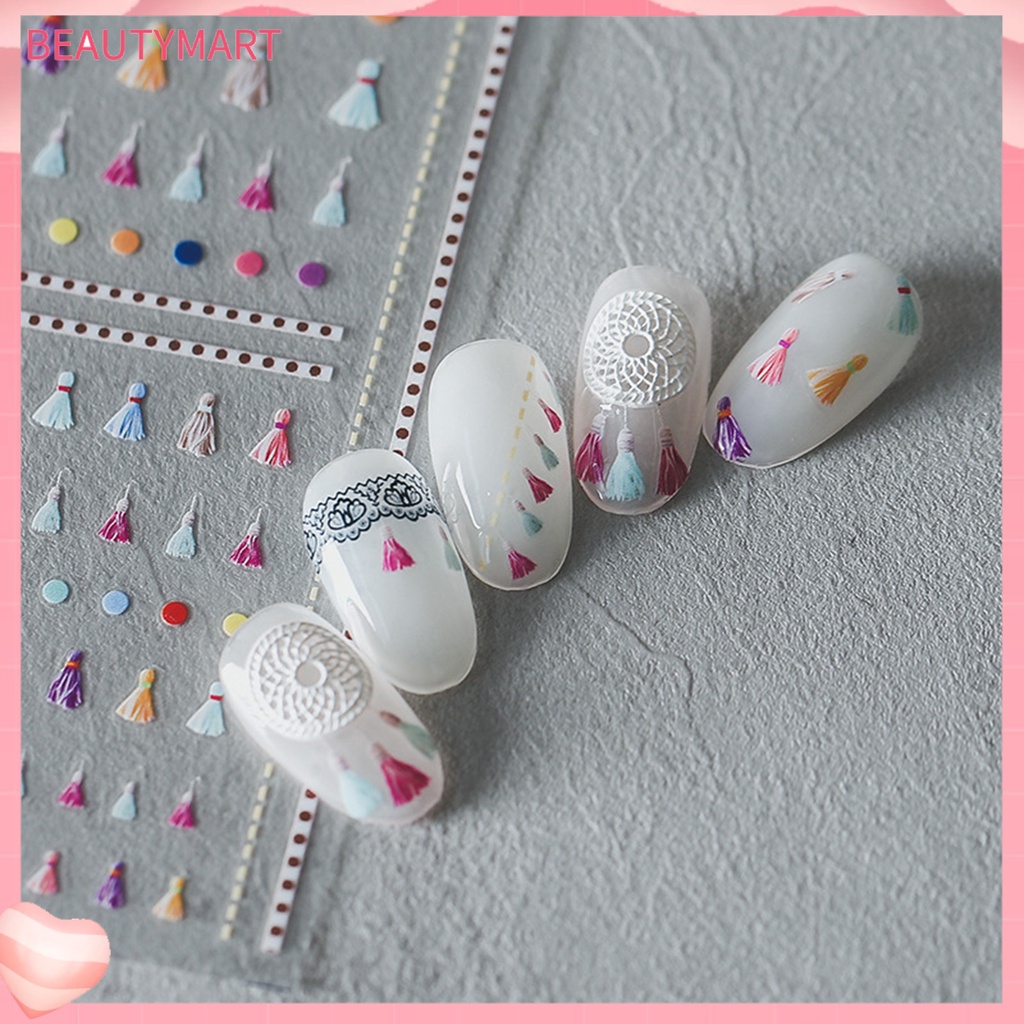 Miếng Dán Trang Trí Móng Tay Tự Dính Họa Tiết Chấm Bi Phối Tua Rua Dễ Thương