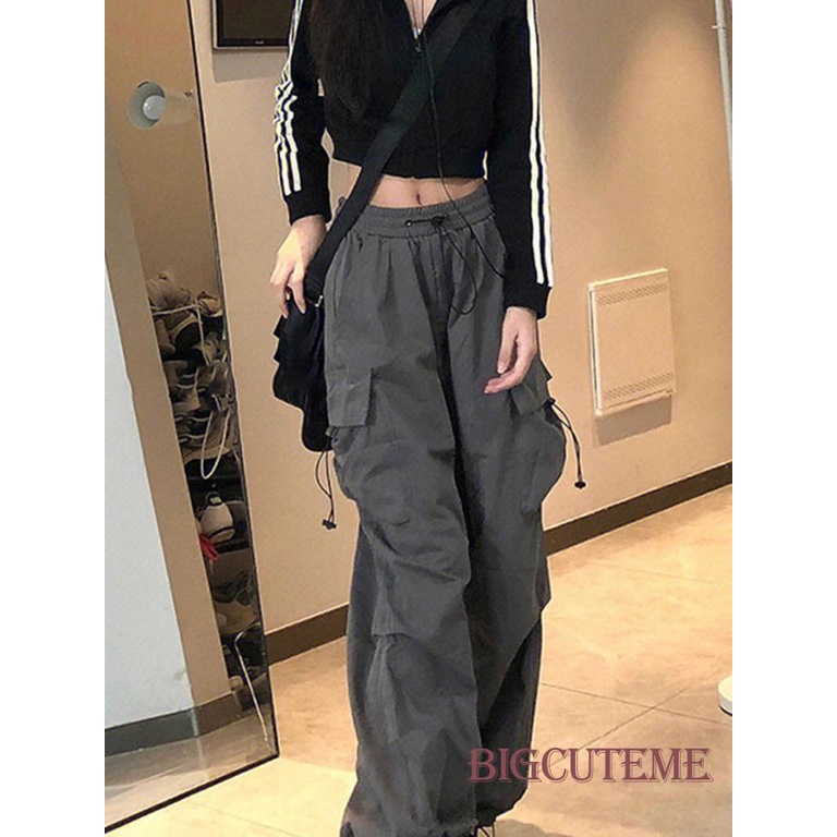 Quần Dài Dáng Suông Lưng Thun Có Túi Phong Cách Đường Phố Cho Nữ