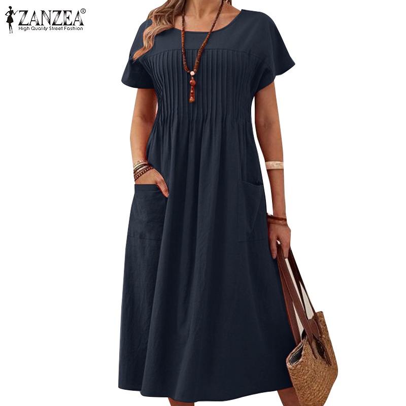 Zanzea Đầm Cotton Lanh Ngắn Tay Cổ Tròn Họa Tiết Kẻ Sọc Phối Túi Bên Hông Thời Trang Cho Nữ