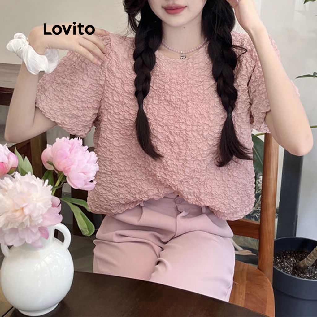 Lovito Áo kiểu trơn ngắn tay giản dị cho nữ LNA10079 (Hồng)