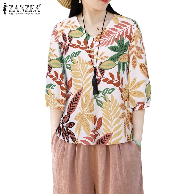 ZANZEA Áo Nữ Tay Lửng Cổ Chữ V In Hoa Thời Trang Hàn Quốc