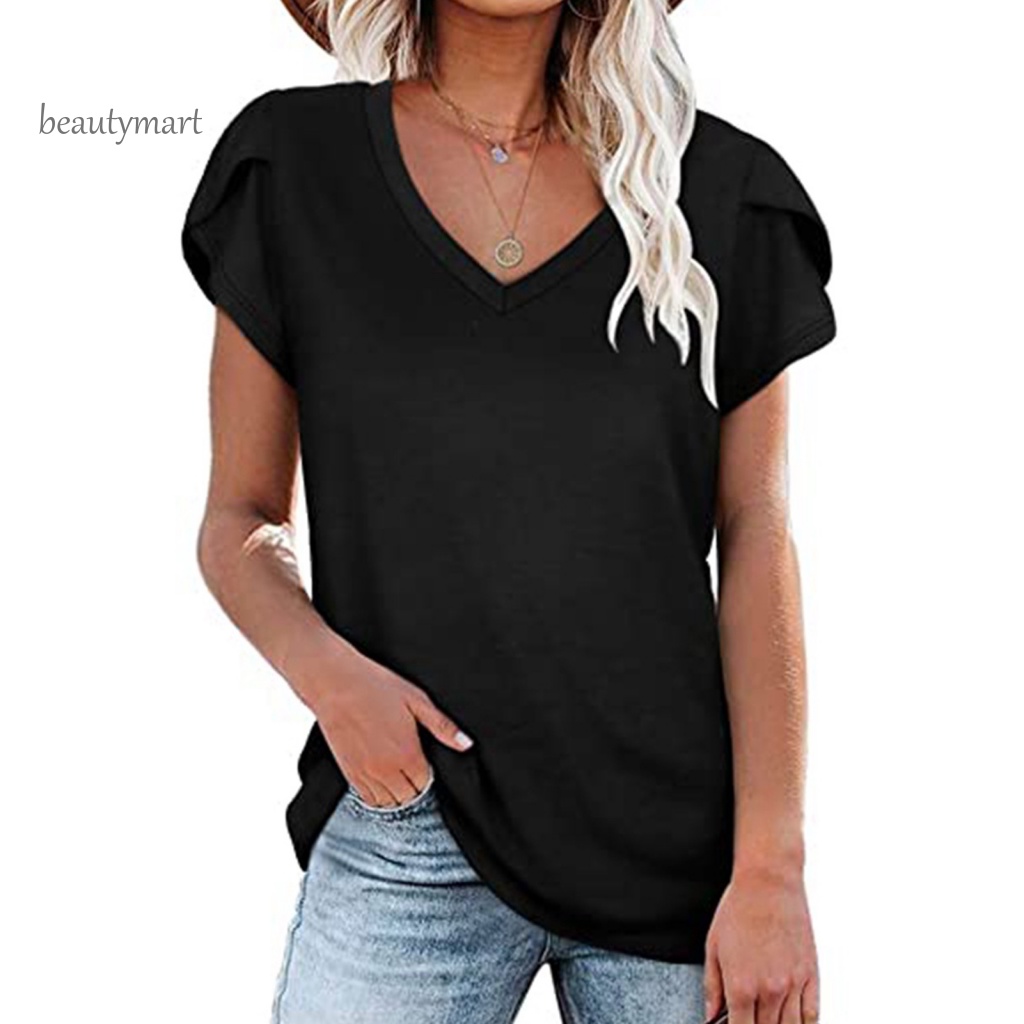 Áo Thun Tay Ngắn Cổ Chữ V Màu Trơn Dáng Rộng Thời Trang Mùa Hè beautymartm1 Cho Nữ