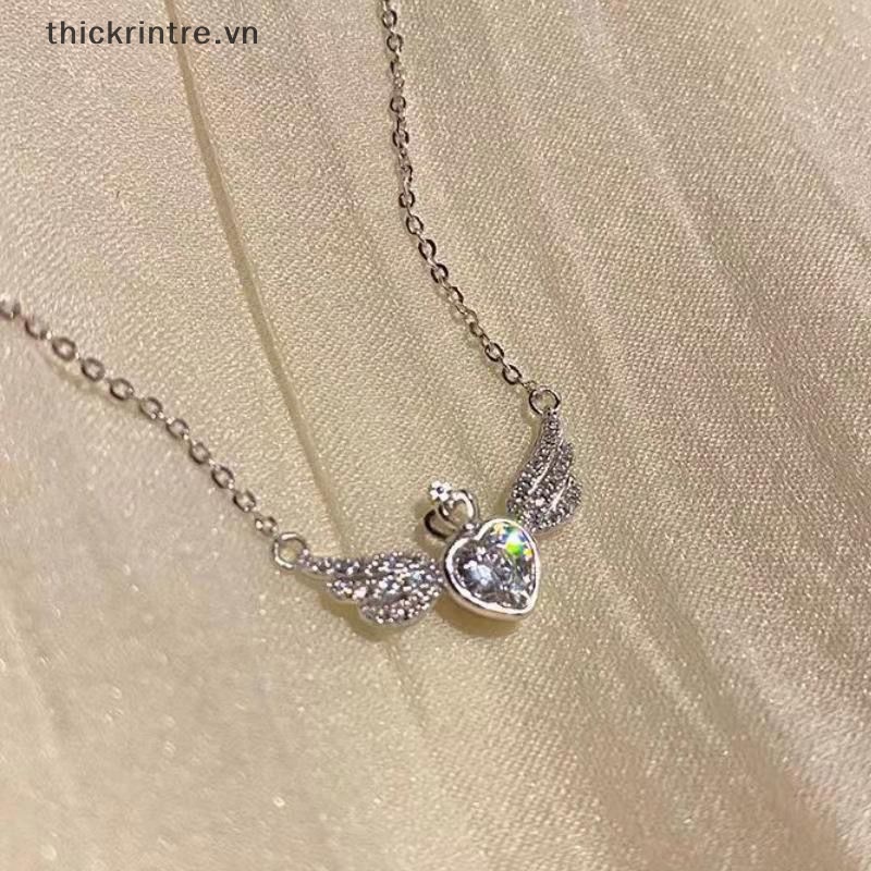 Vòng cổ Mạ Bạc Mặt Trái Tim Đôi Cánh Đính Đá Pha Lê Phong Cách Hàn Quốc