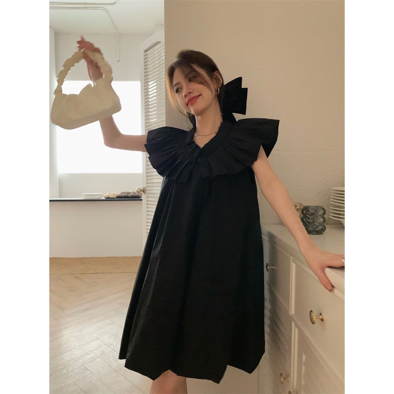 Đầm Đen Sát Nách Cổ Chữ V Phối Bèo Thời Trang Mùa Hè Cho Nữ