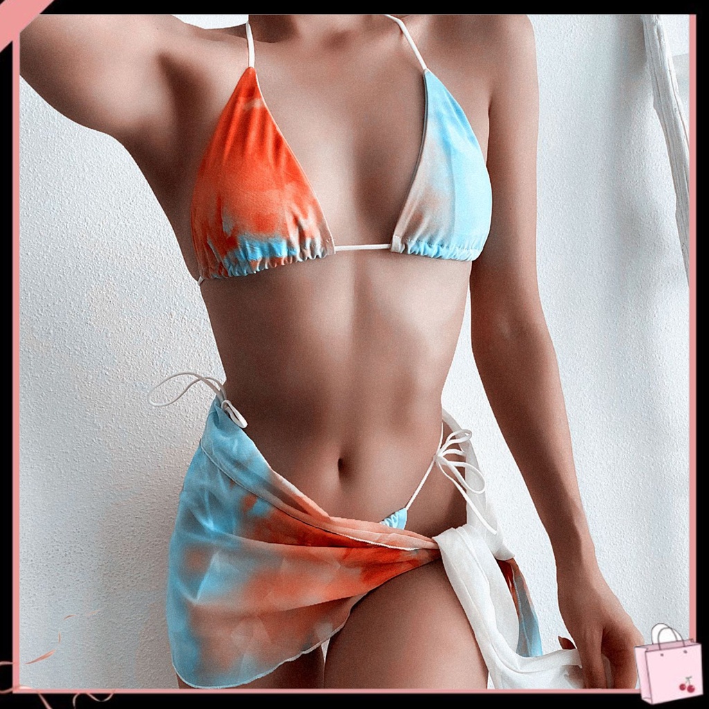 Bộ 3 Món Đồ Bơi Bikini Gồm Áo Ngực Và Chân Váy Lưới In Họa Tiết Màu Gradient Lưng Cao Có Thể Điều Chỉnh