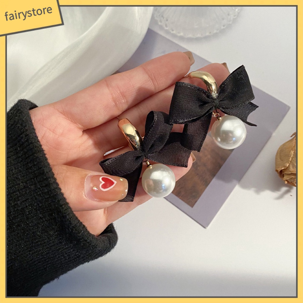 1 Đôi Bông Tai Hình Nơ Đen Đính Ngọc Trai Giả Phong Cách Pháp Cổ Điển Dành Cho Nữ