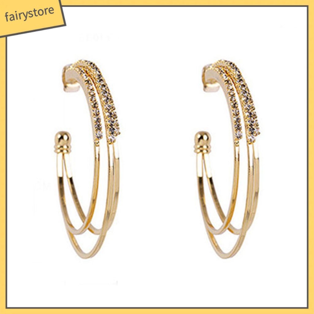 1 Đôi Bông Tai Hình Chữ C Ba Lớp Đính Đá Lấp Lánh Dành Cho Nữ