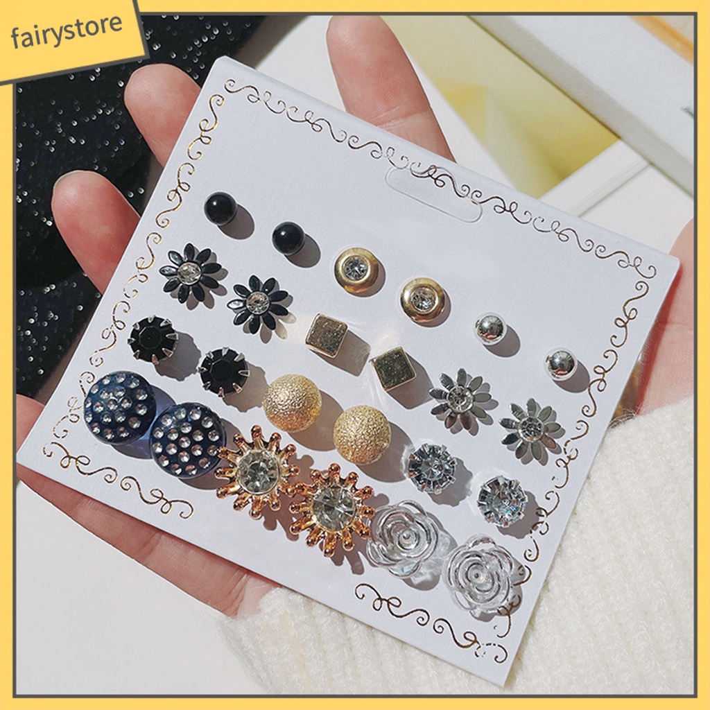 Set 12 Đôi Bông Tai Xỏ Hạt Ngọc Trai Giả Phong Cách Hàn Quốc