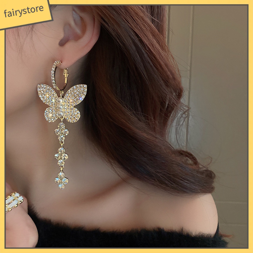 1 Đôi Bông Tai Móc Hình Bướm Đính Ngọc Trai Giả Lấp Lánh Dành Cho Nữ