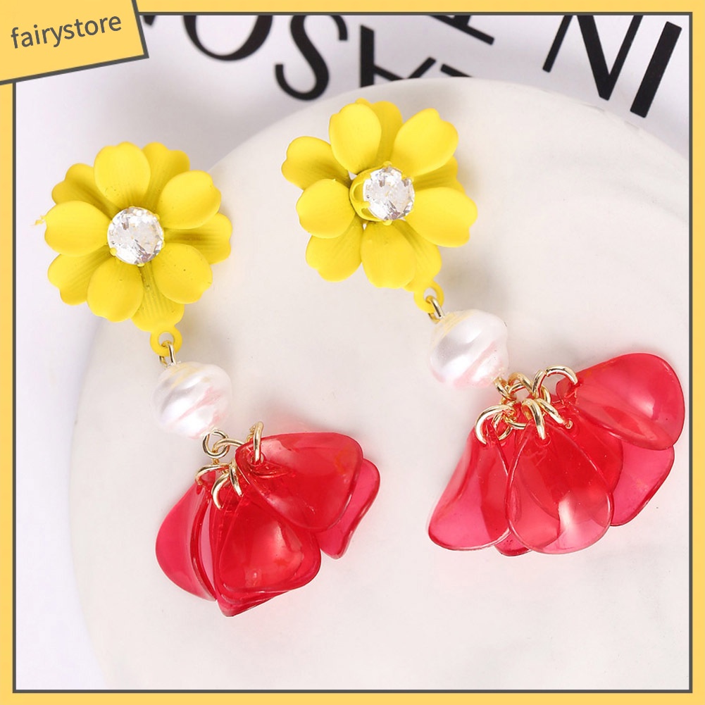 Bông Tai Dáng Dài Hình Cánh Hoa Bằng Nhựa Resin Phối Tua Rua Thanh Lịch Cho Nữ