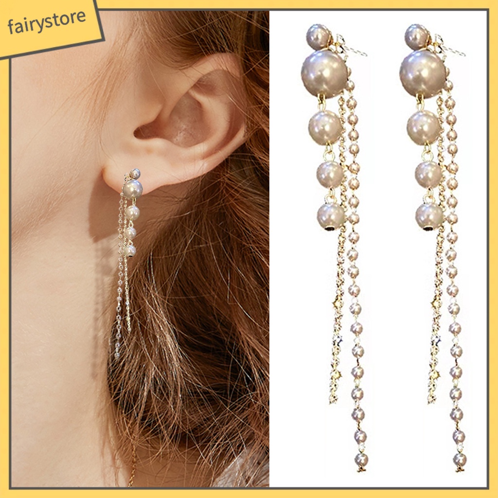 [FRO] 1 Đôi Bông Tai Dạng Tua Rua Dài Đính Đá Giả Ngọc Trai Lấp Lánh