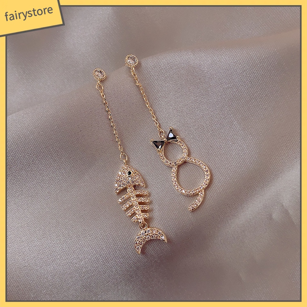 Bông Tai Dáng Dài Hình Xương Cá / Mèo Thời Trang Dự Tiệc Cho Nữ