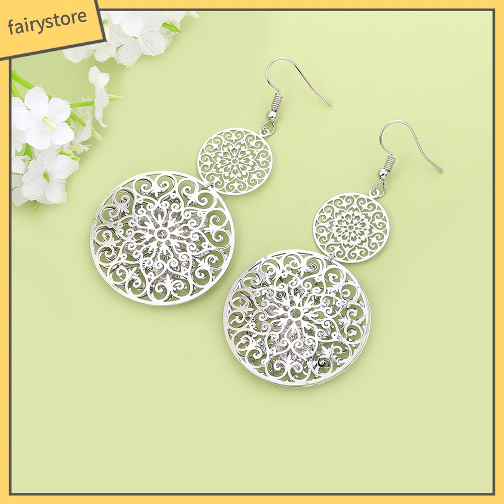 Khuyên Tai Dáng Dài Hai Lớp Chạm Khắc Thời Trang Cho Nữ