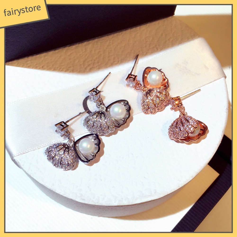 Bông Tai Hình Vỏ Sò Đính Ngọc Trai Nhân Tạo Thời Trang Dành Cho Nữ