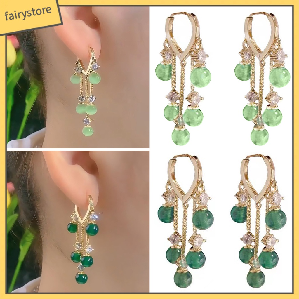 [FRO] 1 Đôi Bông Tai Thời Trang Bắt Mắt Mạ Vàng Ngọc Lục Bảo Tua Rua Đánh Bóng Tinh Tế Màu Xanh Lá Cây Nhân Tạo