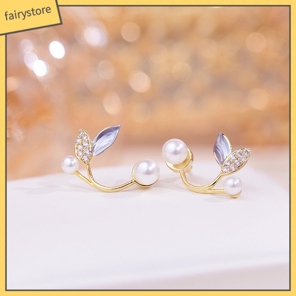 1 Đôi Bông Tai Hình Chiếc Lá Đính Ngọc Trai Nhân Tạo Phong Cách Hàn Quốc