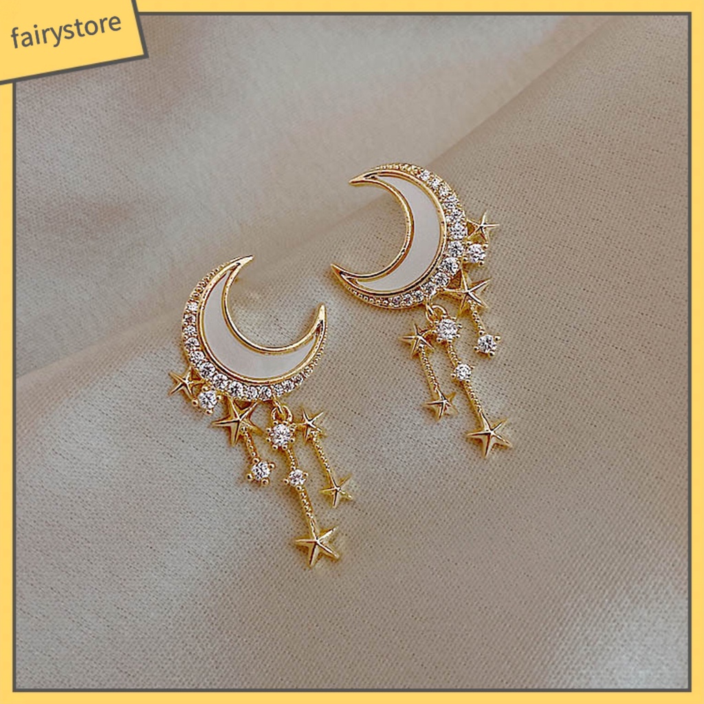 1 Đôi Bông Tai Hình Mặt Trăng Và Ngôi Sao Đính Đá Lấp Lánh Dành Cho Nữ