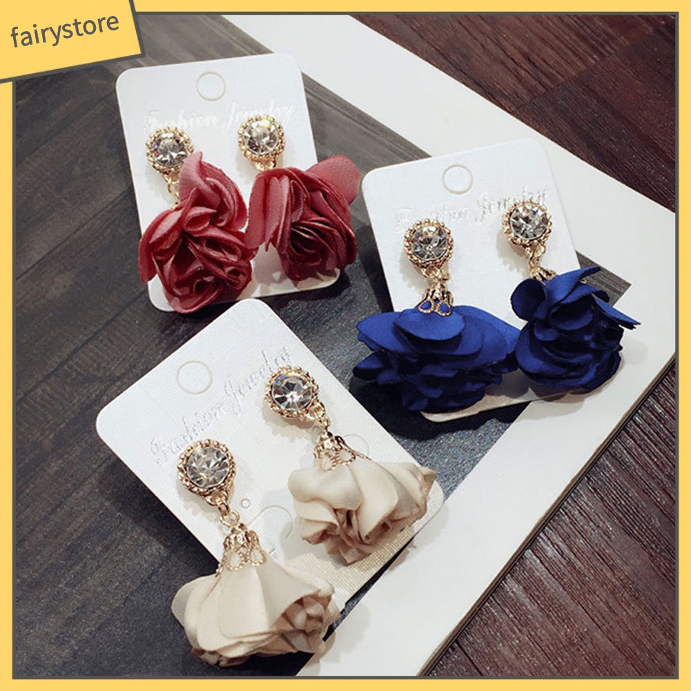 Bông Tai Dáng Dài Hình Cánh Hoa Đính Đá Thời Trang Cho Nữ