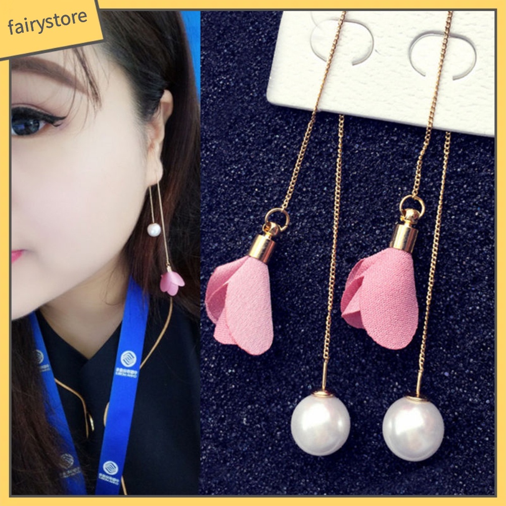 Khuyên Tai Chuỗi Dài Đính Hoa Ngọc Trai Nhân Tạo Thời Trang Cho Nữ