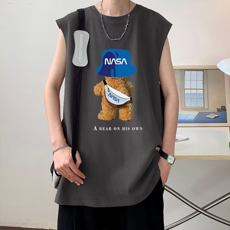 Áo Thun Ba Lỗ Cổ Tròn In Hình Gấu Hoạt Hình NASA Phong Cách Hip Hop Mỹ Cỡ Lớn M-5XL Thời Trang Mùa Hè Cho Nam