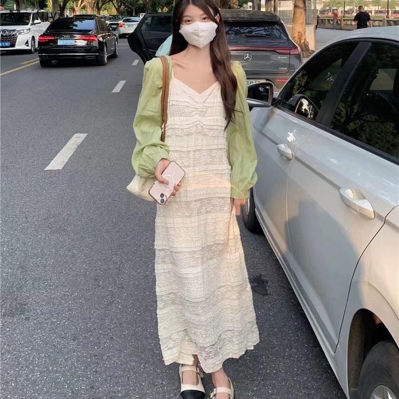 [Meifuyi] Đầm Hai Dây Dáng Dài Phối Ren Chắp Vá Đơn Giản Thời Trang Mùa Hè Kiểu Pháp