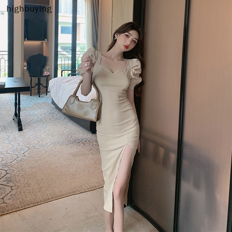 Đầm Dài Xẻ Tà Tay Ngắn Phồng Cổ Chữ V Dáng Ôm Thời Trang Pháp Hàng Mới 2023 Dành Cho Bạn Nữ