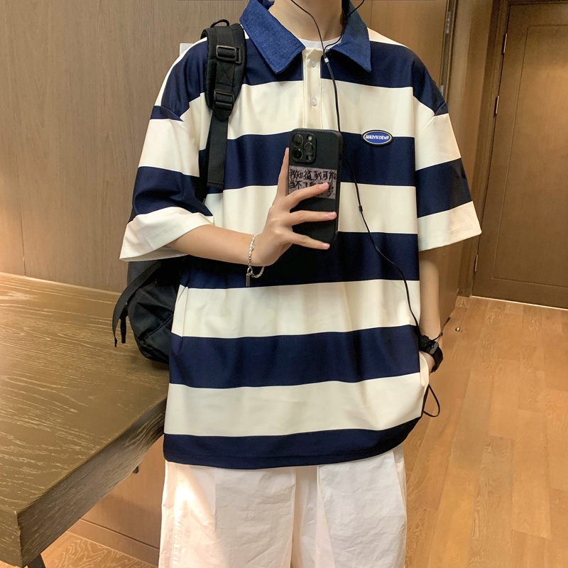 Áo Thun Polo Ngắn Tay Form Rộng Họa Tiết Kẻ Sọc Màu Sắc Tương Phản Phong Cách Retro Nhật Bản