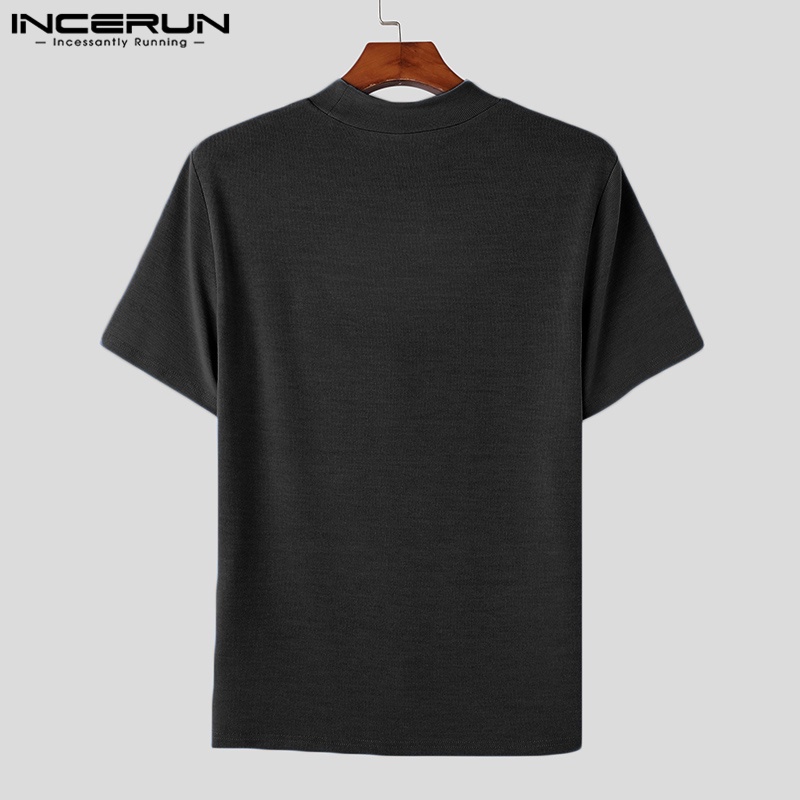 INCERUN Áo Thun Tay Ngắn Phối Khóa Kéo Trước Thời Trang Vintage Cho Nam