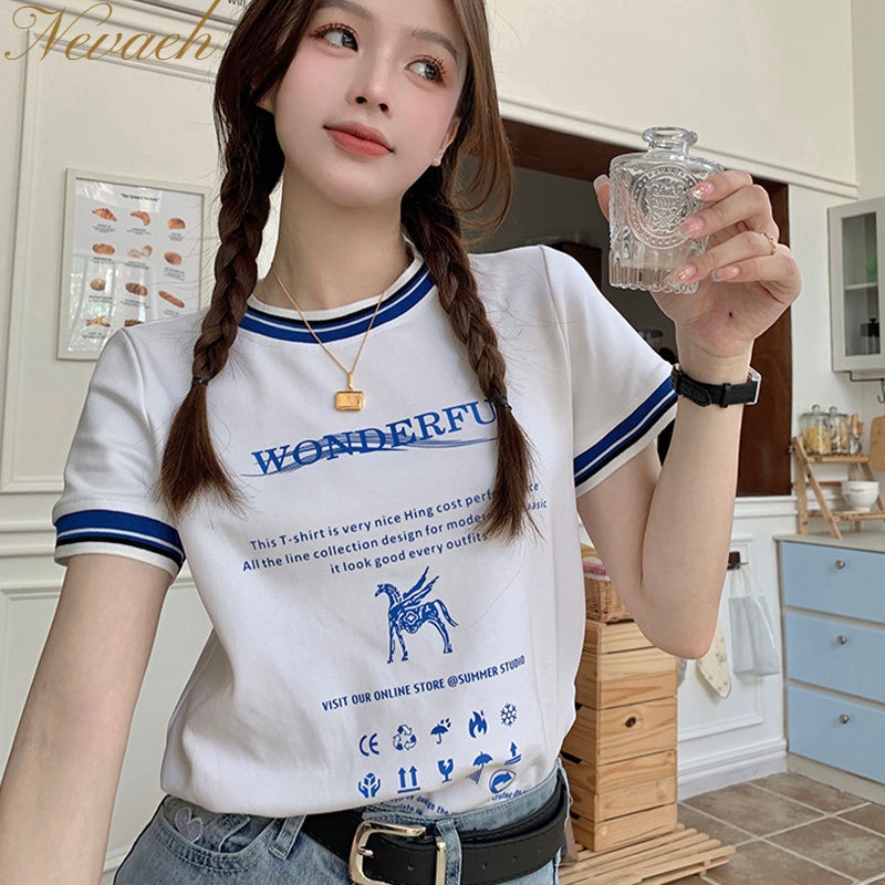 Áo Thun Tay Ngắn Cổ Tròn In Chữ niche Màu Sắc Tương Phản Phong Cách Hàn Quốc