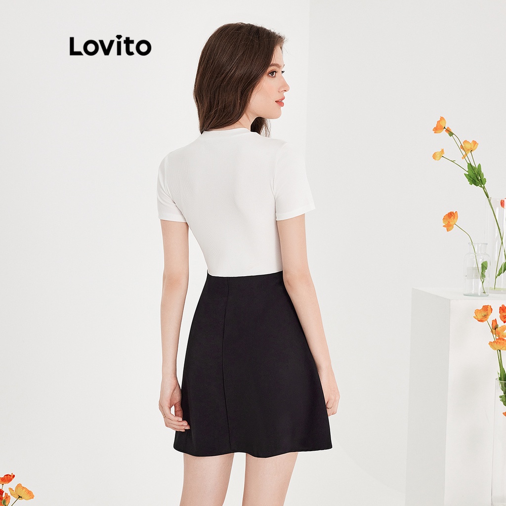 Đầm mini Lovito kiểu chữ A tay ngắn cổ tròn ghép nối màu trơn thường ngày cho nữ L51ED120 (Màu đen và trắng)