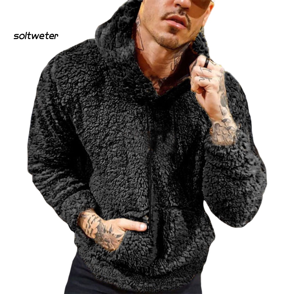 Áo Hoodie Mùa Đông Tay Dài Dáng Suông Có Túi Và Dây Rút Màu Trơn Ấm Áp Cho Nam