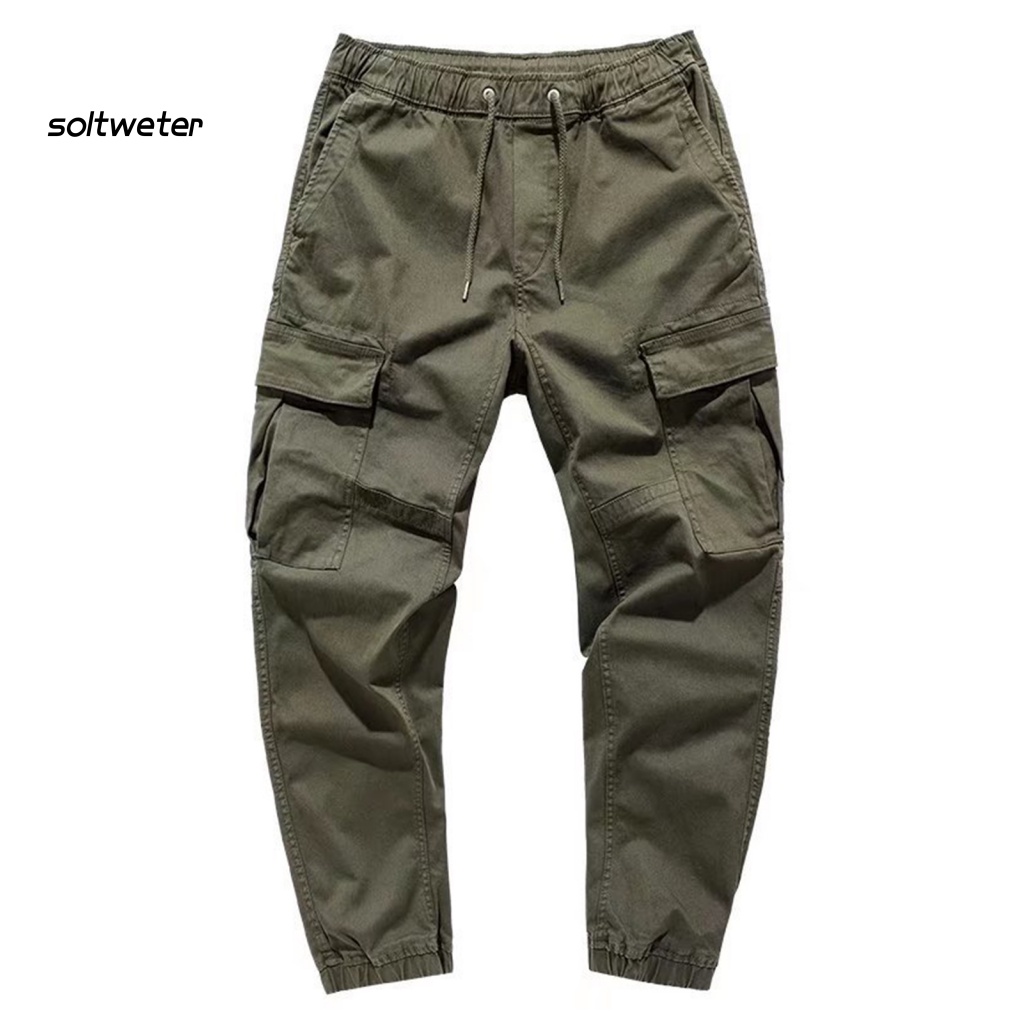 Quần Dài Dáng Suông Nhiều Túi Lưng Thun Dây Rút Màu Trơn Đường Phố Xuân Thu Có Dây Rút Mắt Cá Chân Để Làm Việc