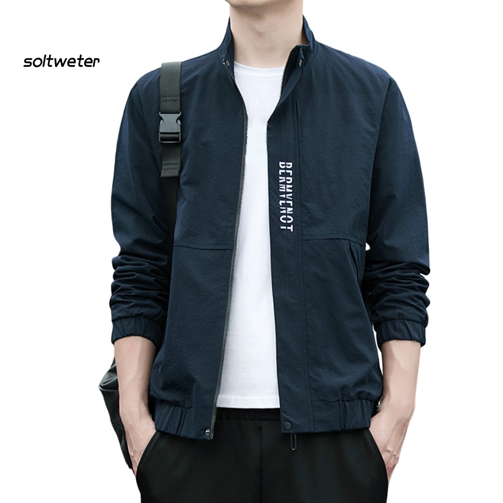 Áo Khoác Cổ Đứng Ôm Dáng Co Giãn Màu Trơn Có Khóa Kéo In Chữ Thời Trang Xuân Thu Cho Nam