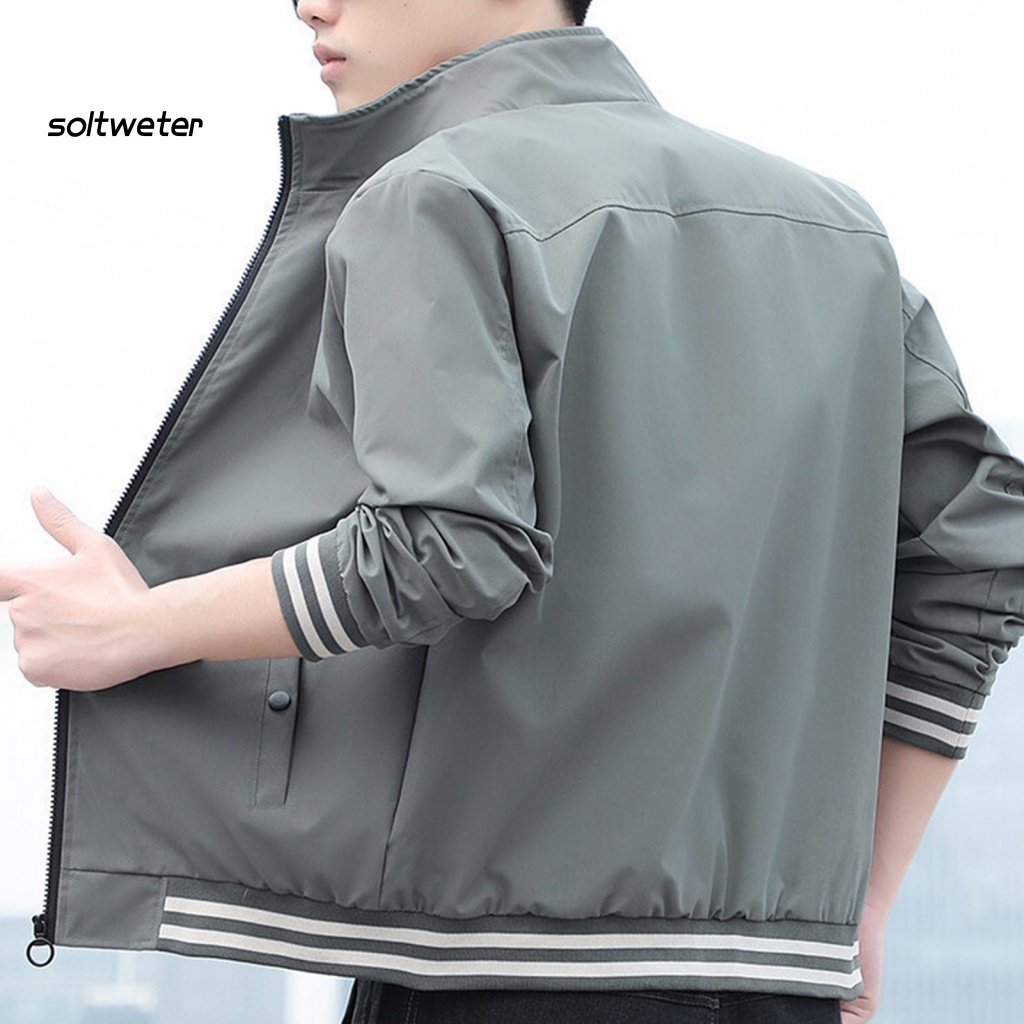 Áo Khoác Cổ Đứng Tay Dài Màu Trơn Giữ Ấm Phối Khóa Kéo Thời Trang Xuân Thu Cho Nam