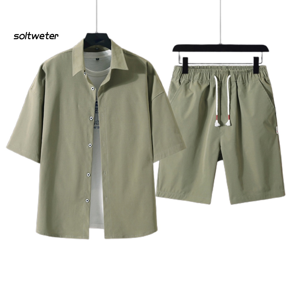 1 Bộ Áo Sơ Mi Màu Trơn Dáng Rộng + Quần Short Phong Cách Thể Thao Thời Trang Mùa Hè Cho Nam