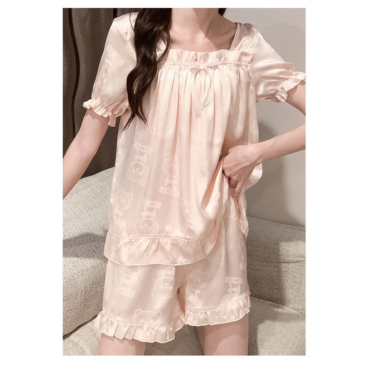 Bộ Đồ Ngủ Ngắn Tay Bằng Lụa Mát In Hình Gấu Dễ Thương Thời Trang Mùa Hè 2023 Cho Nữ