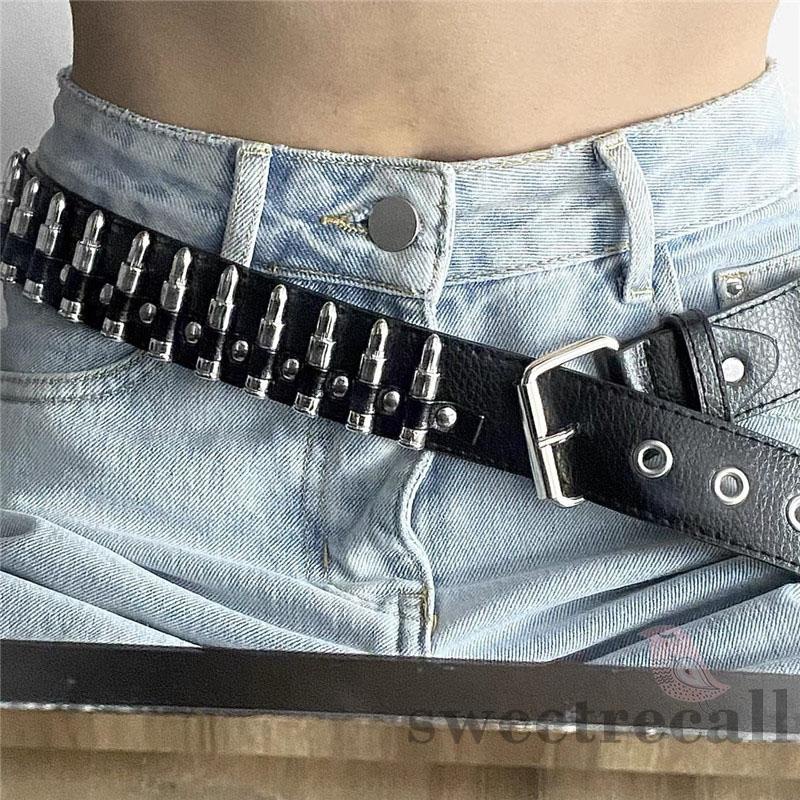 Thắt Lưng Da Màu Đen Đính Đinh Tán Hình Viên Đạn Phong Cách Punk Cho Nữ