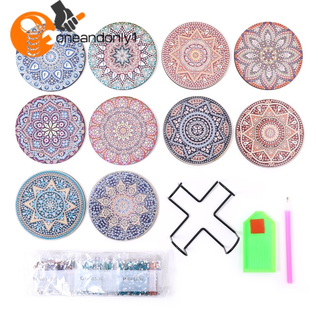 Bộ 10 Đế Lót Ly Đính Đá Chống Mài Mòn Họa Tiết Mandala Kèm Giá Đỡ Tiện Dụng Diy