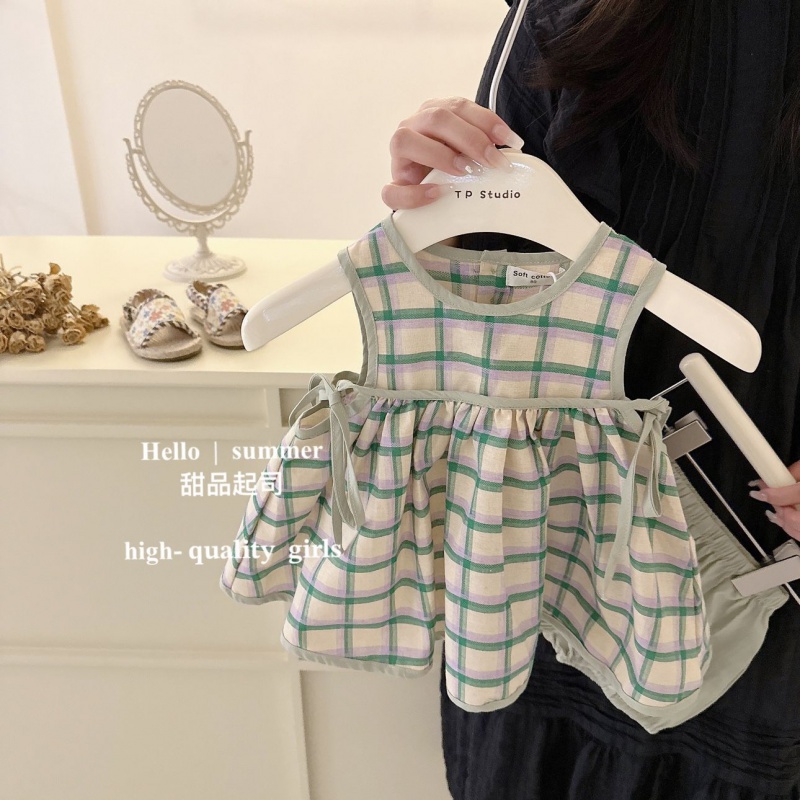 Bộ Áo Sơ Mi Cotton + Chân Váy Chữ A Sọc Caro Xanh Lá Thời Trang Mùa Hè Hàn Quốc Cho Nữ