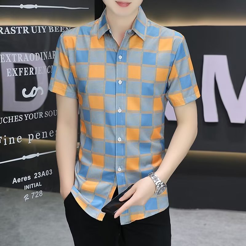 Áo Sơ Mi Tay Ngắn Dáng Rộng Họa Tiết Kẻ Sọc Màu Đen / Cam Phong Cách Hàn Quốc Thời Trang Cho Nam