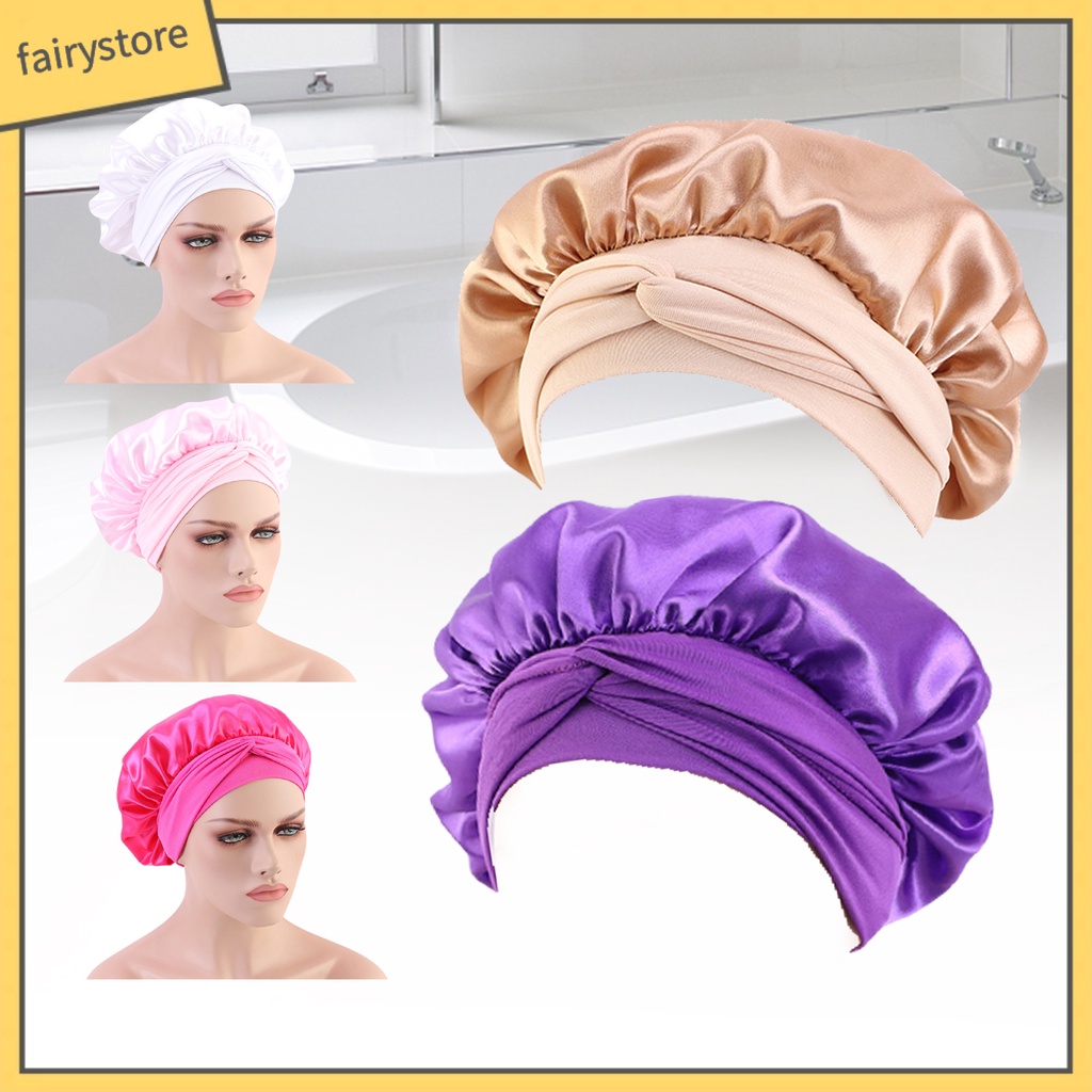 Mũ Trùm Đầu Bằng Lụa Satin Co Giãn Màu Trơn Phối Ren Chăm Sóc Tóc Khi Ngủ Cho Nữ