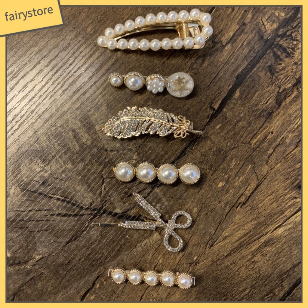 Set 6 Kẹp Tóc Hình Lông Vũ Đính Ngọc Trai Giả Thanh Lịch