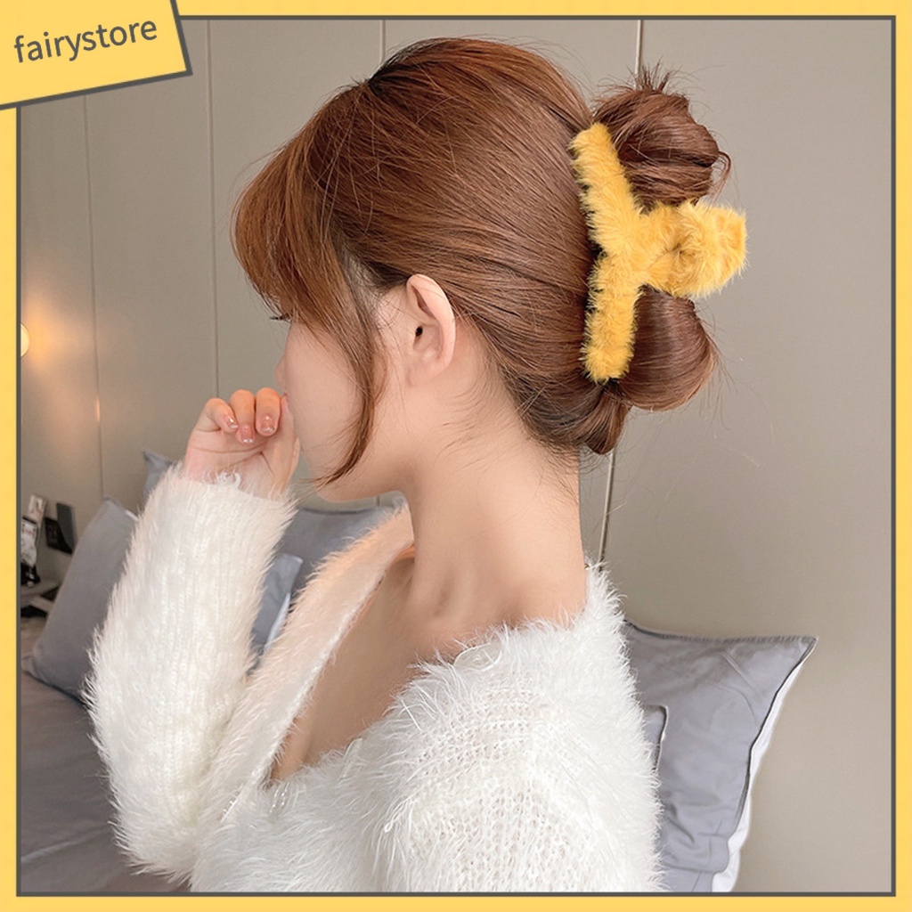 Kẹp Tóc Càng Cua Phủ Lông Màu Trơn Chống Trượt Thời Trang Thu Đông Cho Nữ